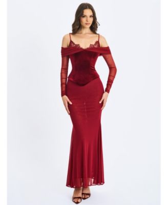  Maybelle Bardot Lace Strap Peplum Maxi Dress