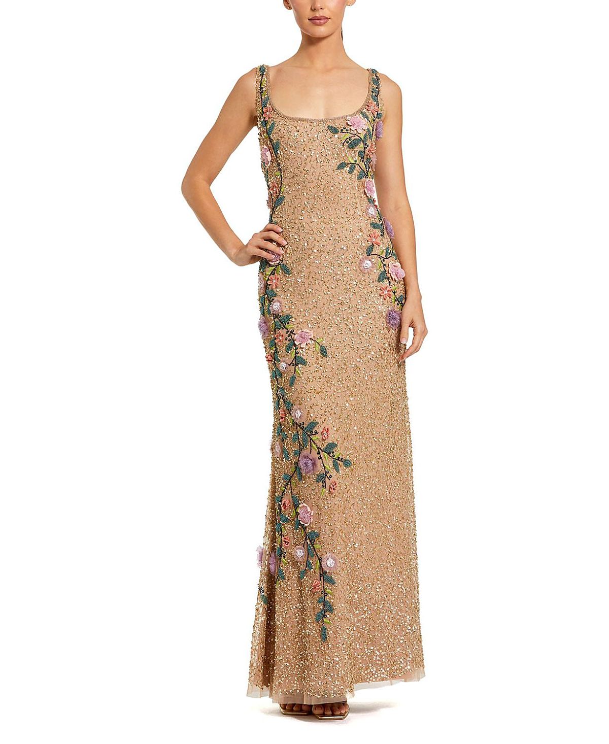 Mac Duggal Floral Beaded Mesh Scoop Neck Sleeveless Gown