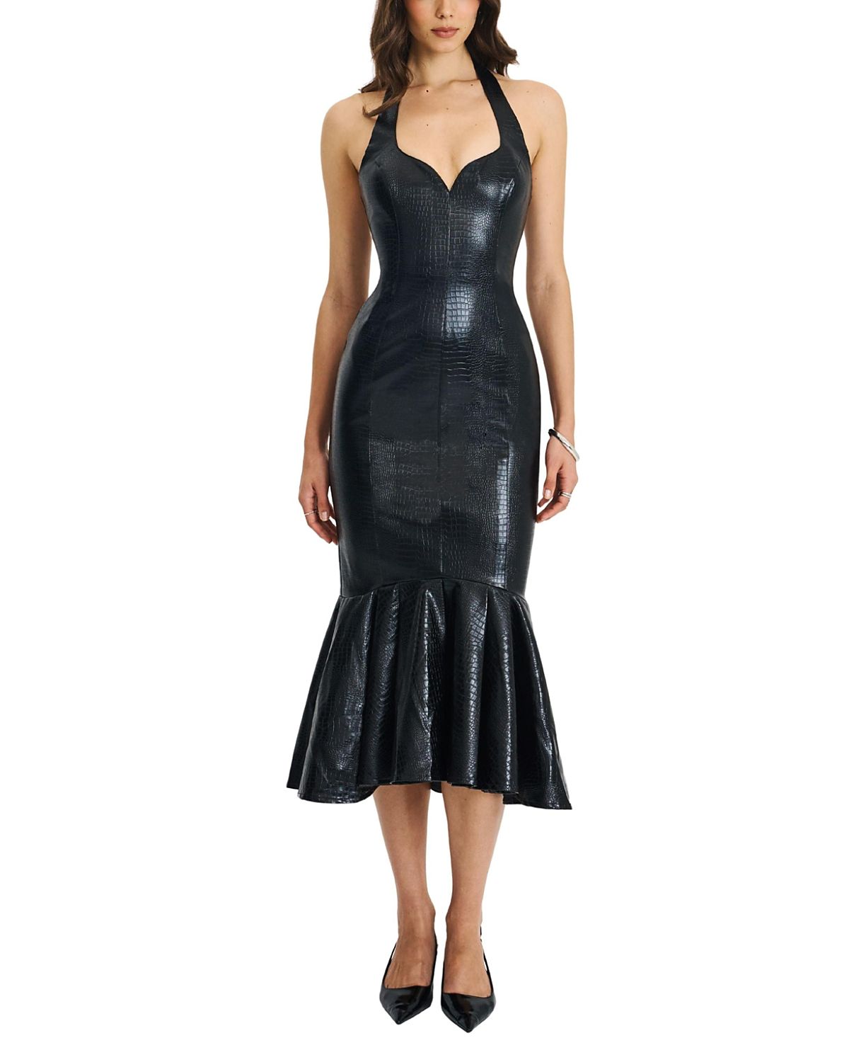 Miss Circle Gardenia Faux Leather Midi Sweetheart Halter Flared Dress