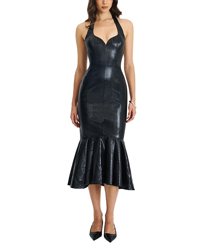 Miss Circle Gardenia Faux Leather Midi Sweetheart Halter Flared Dress
