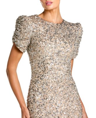  Gathered Short Sleeve Beaded Gown