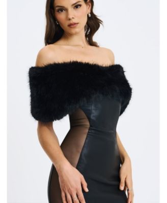  Bellis Fur Trim Mesh Panel Off-Shoulder Midi Dress