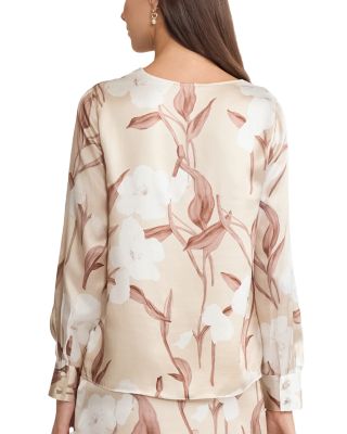 Draped Neck Floral Print Silk Blouse 