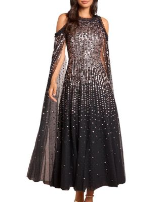 Moonlight Sequin Cape Sleeve Ankle Gown