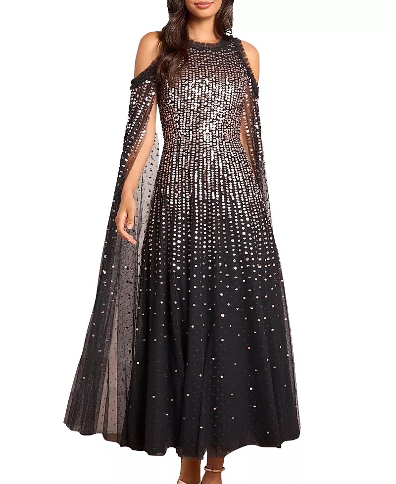 Needle & Thread Moonlight Sequin Cape Sleeve Ankle Gown