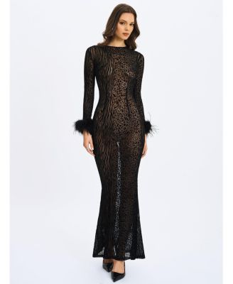  Patricia Feather Sleeve Trim Velvet Mesh Maxi Dress