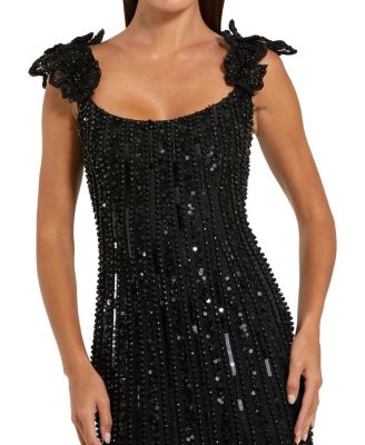  Sleeveless Mesh Gown with Floral Shoulder Detail