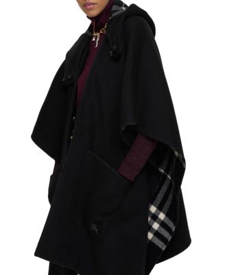 Reversible Shearling Trim Check Cashmere Cape