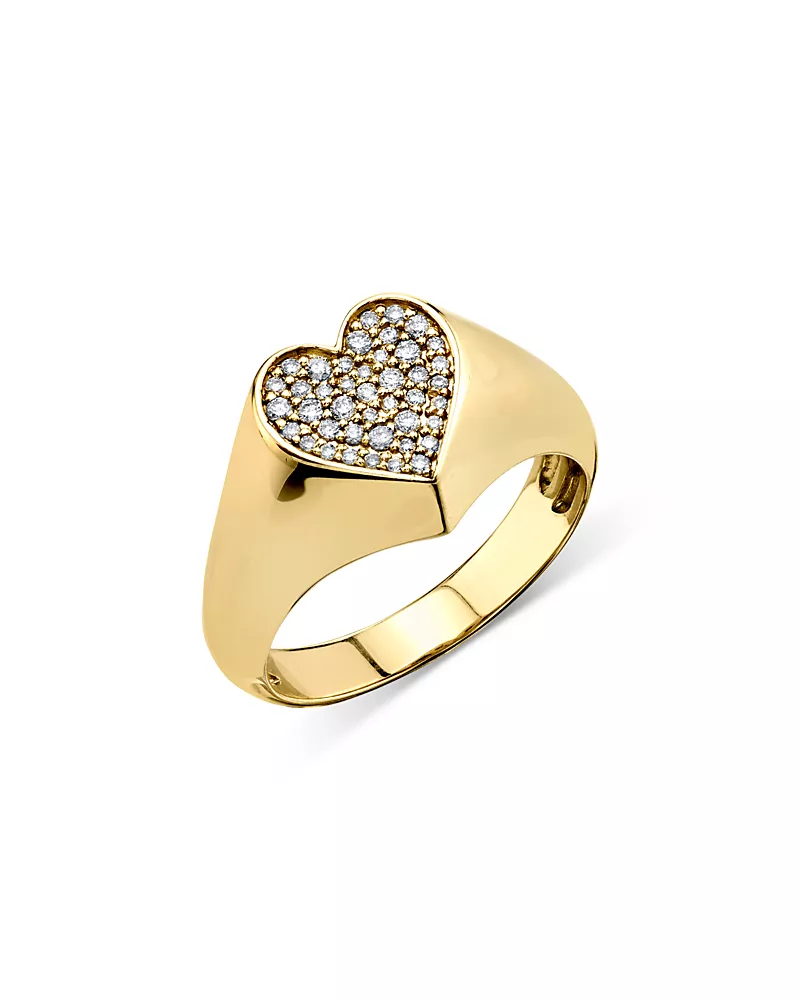 Sydney Evan 14K Yellow Gold Diamond Pave Heart Signet Ring