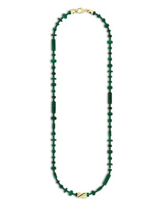 14K Yellow Gold Black Diamond & Malachite Beaded Necklace, 20"