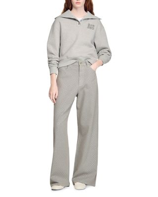 Rhinestone Embellished Wide Leg Jeans in Sand