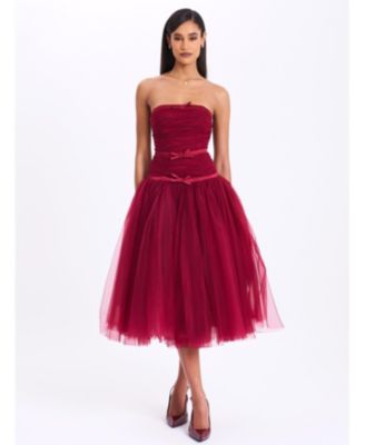  Mabel Drop Waist Layered Mesh Midi Puffy Dress with Bow