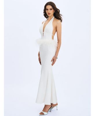  Solene Pleated Halter Backless Feather-Trim Maxi Dress