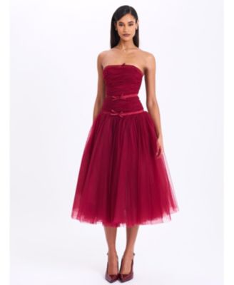  Mabel Drop Waist Layered Mesh Midi Puffy Dress with Bow