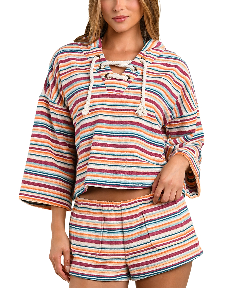 L'Agence Lee Watercolor Stripe Hoodie Swim Cover-Up