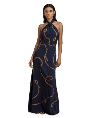 Belting Motif Sequined Crepe Halter Gown