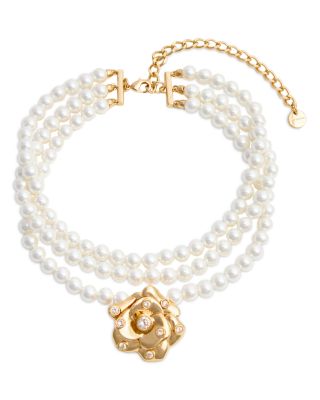 Imitation Pearl Three Layer Rose Choker Necklace, 13.4-17.3"