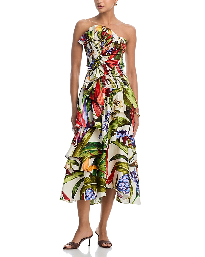 Farm Rio Florart Strapless Tiered Midi Dress