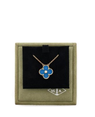  Vintage Alhambra Pendant Necklace 18K Gold and Blue Sevres Porcelain with Diamond, 14.5 - 16.25"