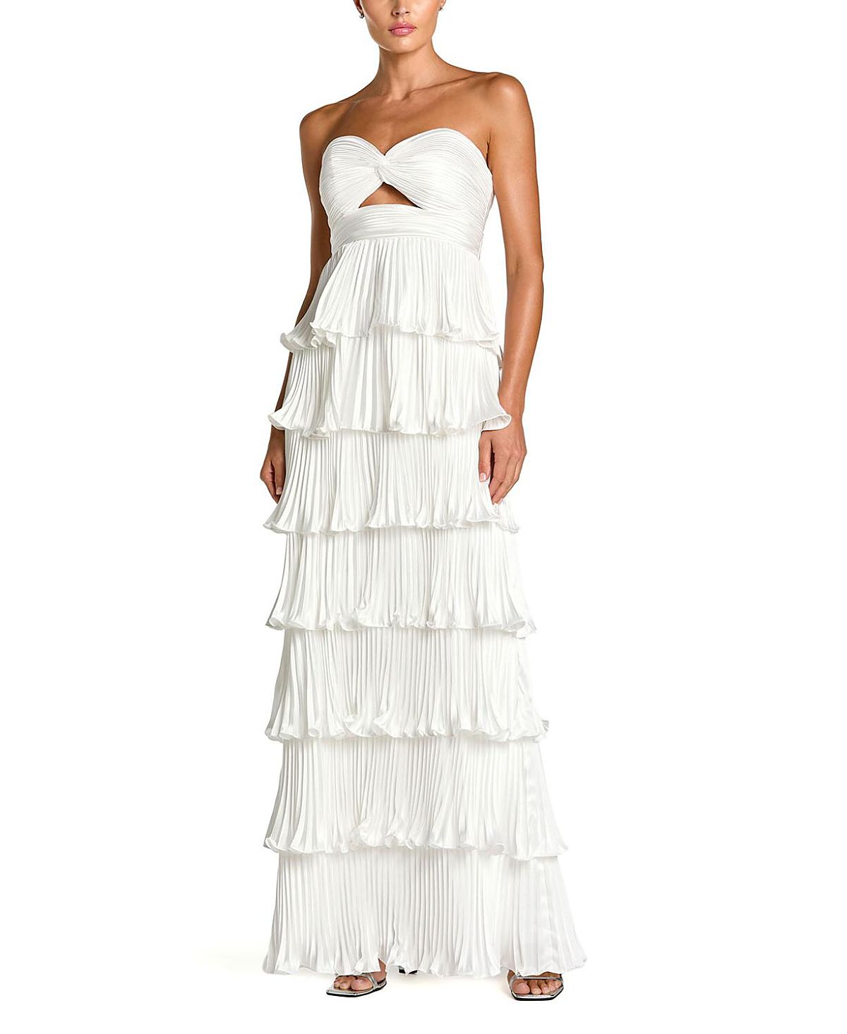 Mac Duggal Pleated Charmeuse Strapless Tiered Ruffle Gown