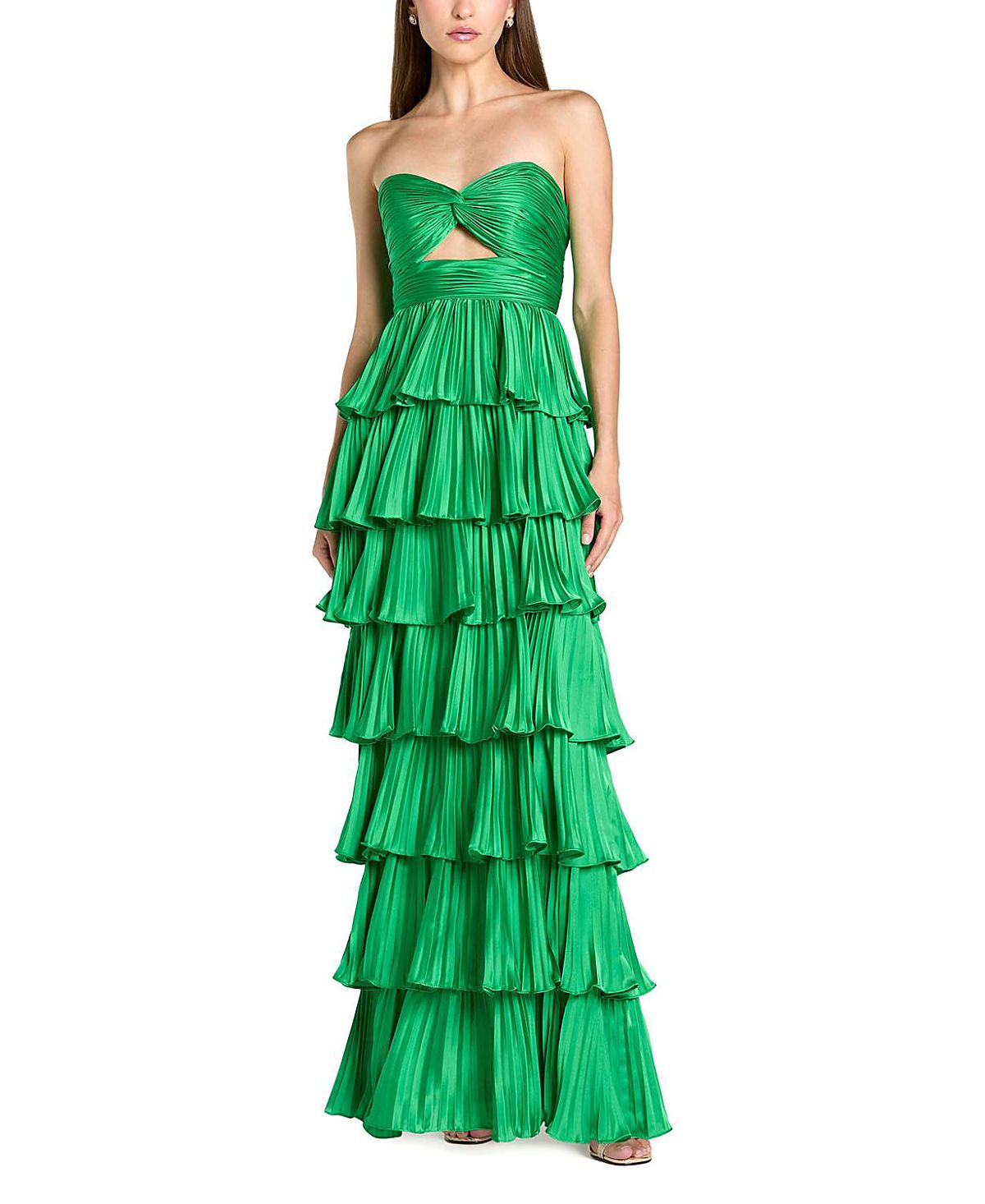 Mac Duggal Pleated Charmeuse Strapless Tiered Ruffle Gown