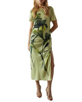 Placement Print Crinkle Midi Satin Dress