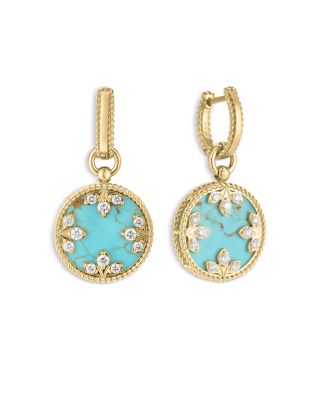 18K Yellow Gold Venetian Medallion Turquoise & Diamond Medallion Drop Earrings