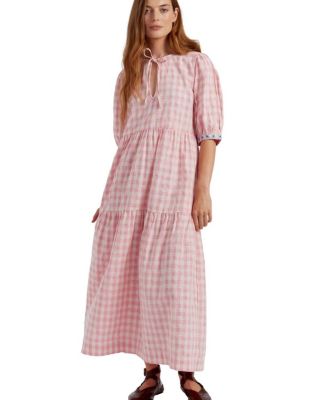  Women's Linen-Blend Gingham Daisy Day Dress