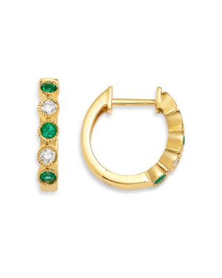Emerald & Diamond Huggie Hoop Earrings in 14K Yellow Gold