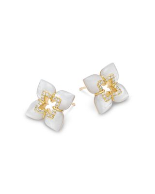 18K Yellow Gold Venetian Princess Mother of Pearl & Diamond Flower Stud Earrings