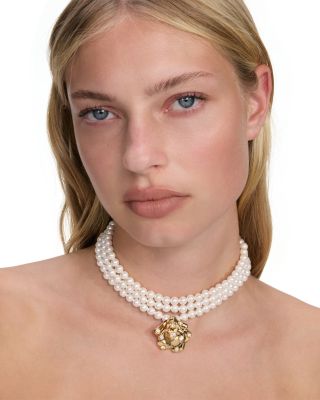 Imitation Pearl Three Layer Rose Choker Necklace, 13.4-17.3"