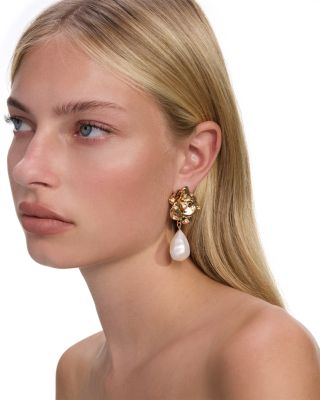 Crystal Studded Rose & Imitation Pearl Drop Earrings