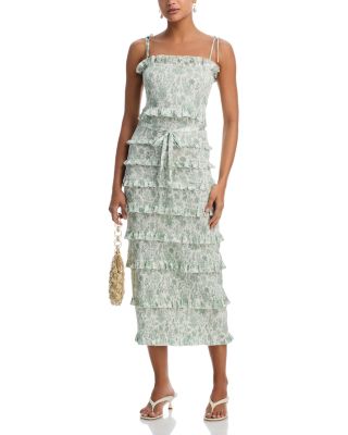 Lily Smocked Floral Print Ruffle Trim Midi Dress