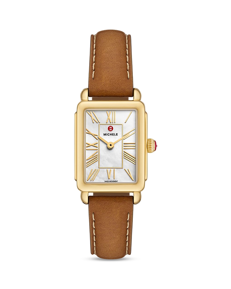 Michele Deco Park 18K Gold-Plated Brown Leather Watch, 23mm x 29mm