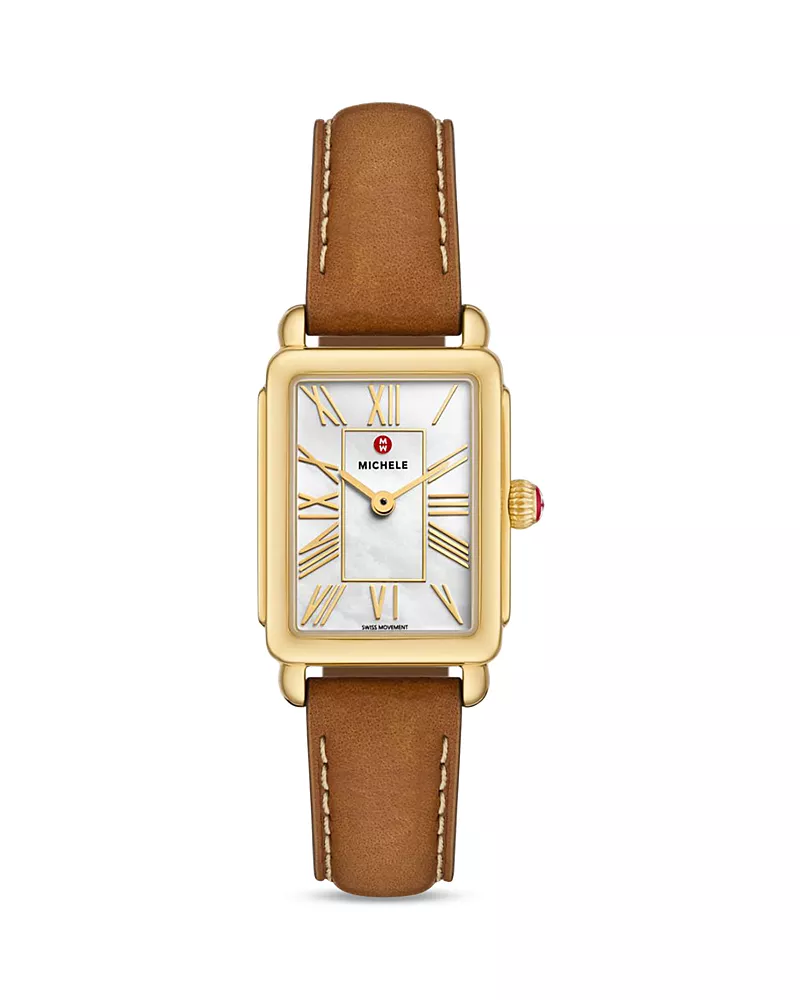 Michele Deco Park 18K Gold-Plated Brown Leather Watch, 23mm x 29mm