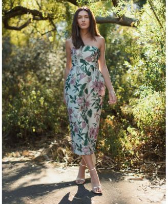  Floral Brocade Strapless Fitted Midi Dress