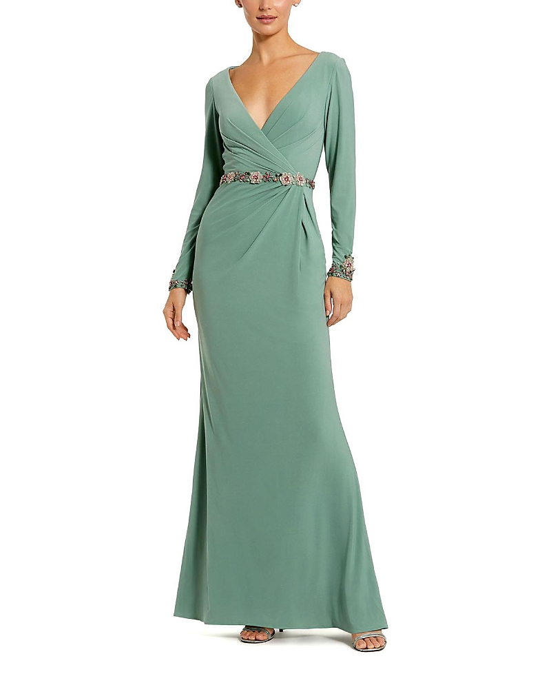 Mac Duggal Jersey Long Sleeve V Neck Gown with Beaded Belt