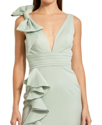  Crepe V Neck Sleeveless Gown with Bow