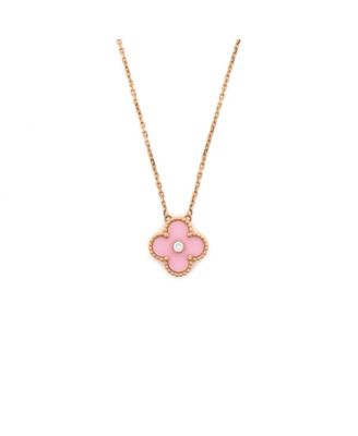  Vintage Alhambra Pendant Necklace 18K Rose Gold and Pink Sevres Porcelain with Diamond, 16.5 - 18.25"