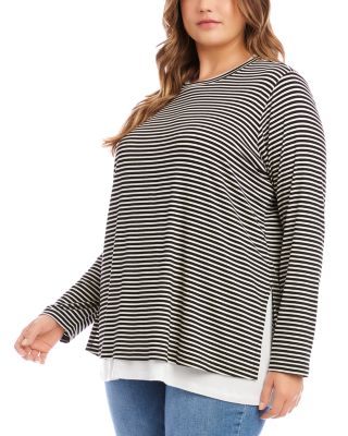 Plus Size Stripe Double Layer Side-Slit Top