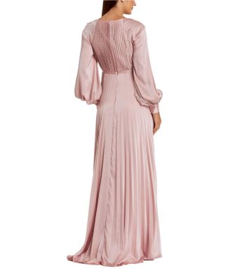  Petite Long Sleeve Pleated High Neck Gown with Slit