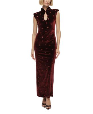 Mandarin-Collar Velvet Midi Dress