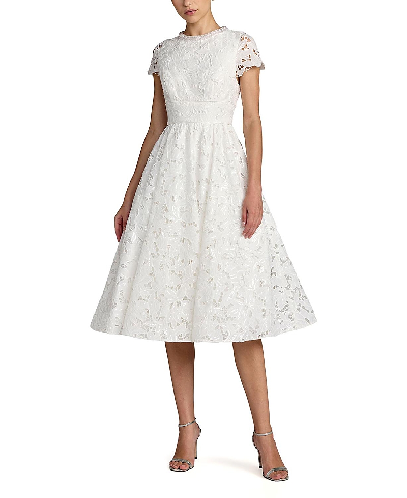 Mac Duggal Petite Lace Embellished Cap Sleeves A Line Midi Dress