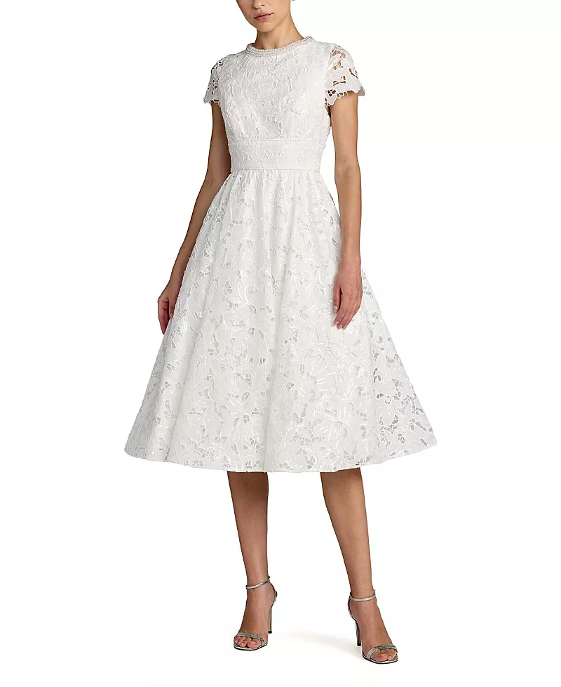 Mac Duggal Petite Lace Embellished Cap Sleeves A Line Midi Dress