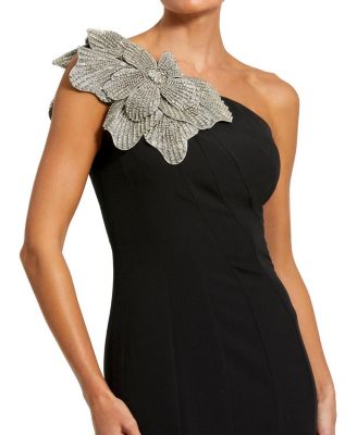  Petite Crepe One Shoulder Gown with Flower Detail