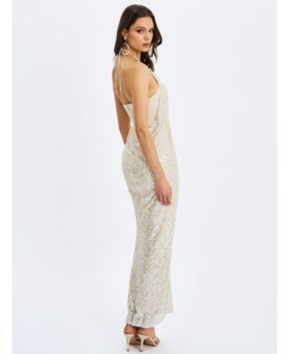  Quimera Beaded Cape Halter Off-Shoulder Maxi Gown