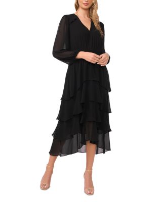 V Neck Long Sleeve Smocked Waist Dress