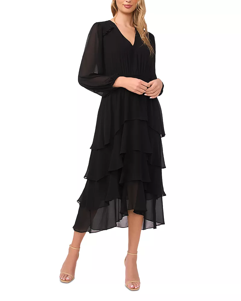 Vince Camuto V Neck Long Sleeve Smocked Waist Dress