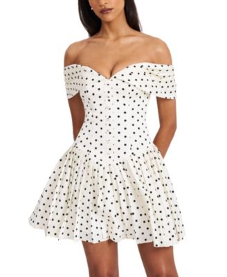  Edeline Polka Dot Off-shoulder Pleated Mini Dress
