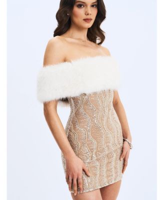  Averie Faux Fur Off-Shoulder Sequin Mini Dress